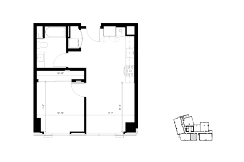 Floor plan for 1 bed, 1 bath, 577 sqft